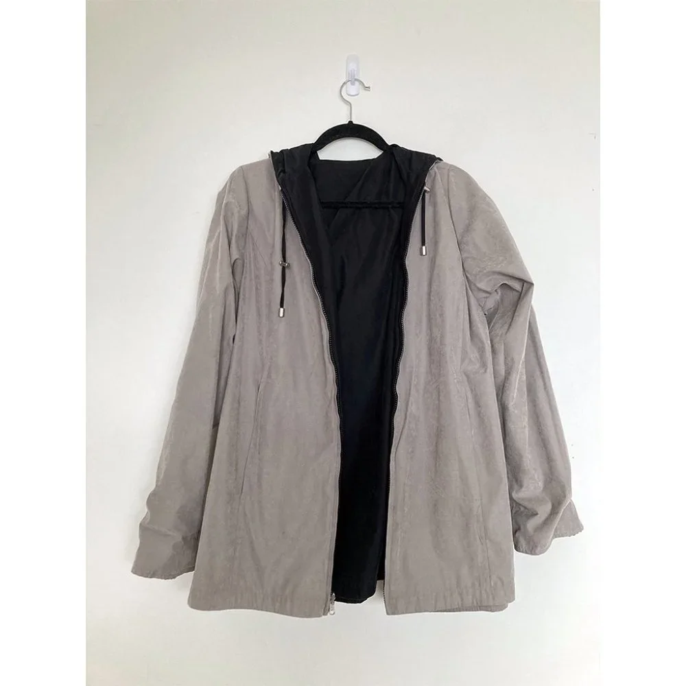 Faux Suede Black and Tan Reversible Hooded Jacket - Picture 3 of 4